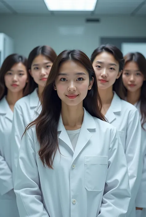 5 woman with a young face wearing a scientist&#39;s outfit and without any wrinkles 