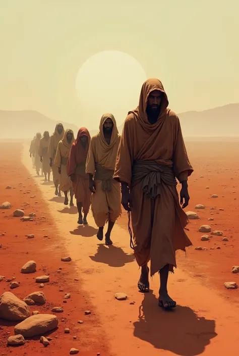 People in beggar&#39;s clothes walking on a dry reddish plain