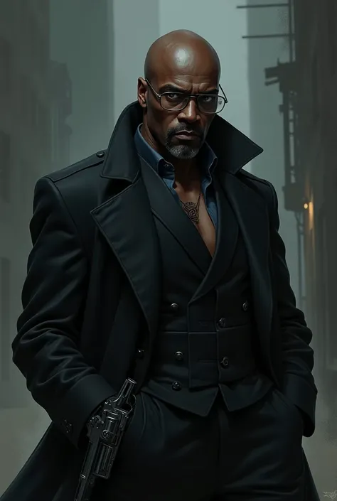 A dark skinned black man, similar to actor idris elba, with shaved hair, with gray eyes.
Wearing a long black coat, a rectangular pair of glasses with clear lenses.
He has a .38 revolver in his holster. The character has a black tattoo of a spiral on the b...