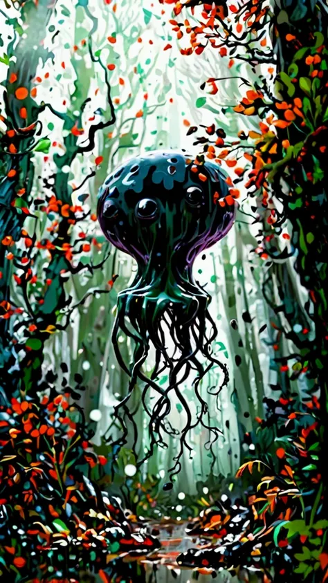 It has the shape of a slime and has black hands growing out of its head., fog, In the forest, Black Sky, 