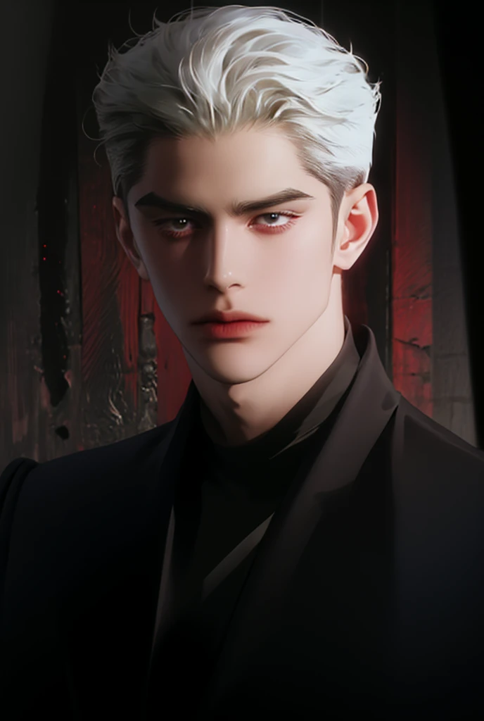 man, 2, white short hair, White hair, Red eyes, black shirt with a red scratch mark, black pants, Black jacket, The face is serious, against the background in a bright room illuminated by sunlight, Silus, love and deep space, Strictness, pride, Reflection,...