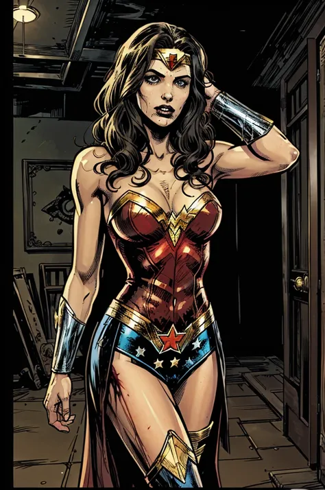 Zombie Wonder Woman. mansion interior background . American comic style drawing 