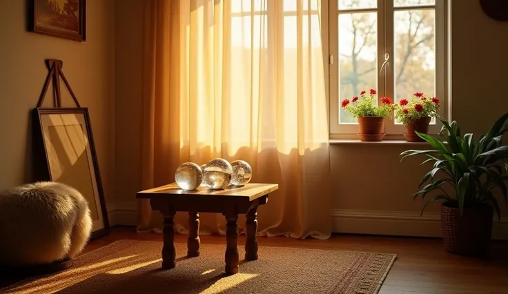 
The golden light of the magic hour filters through a sheer curtain into a cozy room with a vintage vibe. a wooden table, holds a collection of crystal spheres, It is placed in the center of a woven rug. Framed artwork leans against the wall, while a cushi...