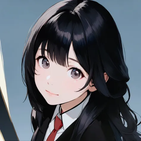 1girl, solo, black hair, shirt, looking at viewer, collared shirt, full body, long hair, black jacket, white shirt, black eyes, jacket, necktie, skirt, amazing quality, very aesthetic, masterpiece