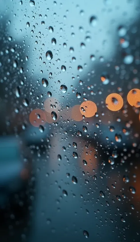 Close-up view of rain droplets frozen on a foggy glass window. The drops are perfectly round, reflecting light from the outside world, with faint streaks of water trailing down. The background is blurred, giving a cozy, intimate feel of watching the rain f...