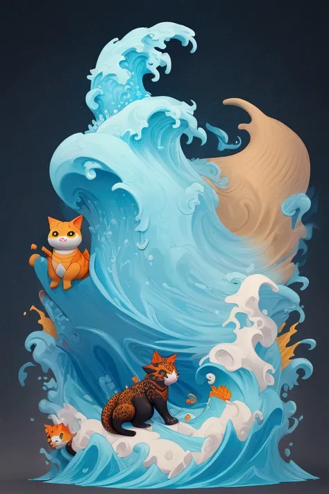 Create a 4K rendering of a figure combining a lucky cat with Godzilla and Hokusais The Great Wave off Kanagawa.  The head of the figure is a charming mix of the round face, the arms and tail of the cat are sea waves
