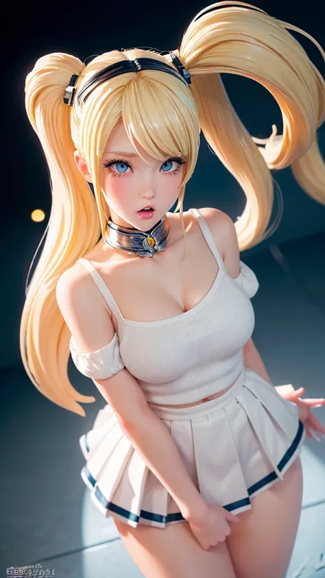 ((Highest quality)), ((masterpiece)), (detailed), high twintail, ((Blonde hair)), (highschool girl), Very Cute Eyes, False eyelashes, (cheek:1.3), (surprised:1.5), Glossy thick lips, shiny white skin, pleated skirt, close up upper body, outside, moonlight,...