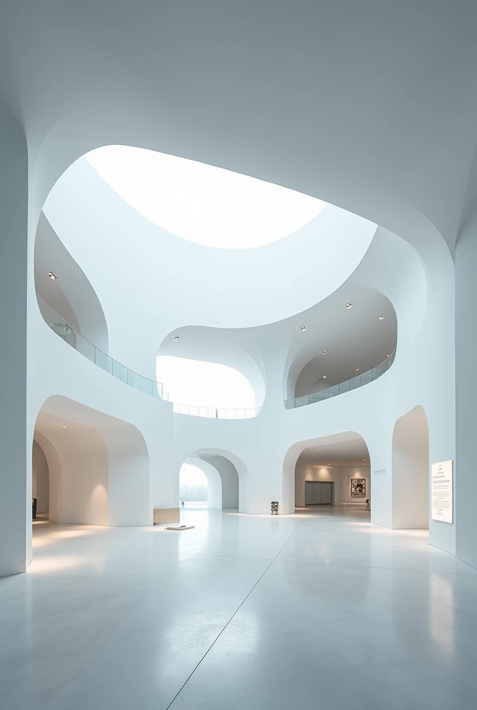 a square-shaped exhibition hall with curved walls inside 
