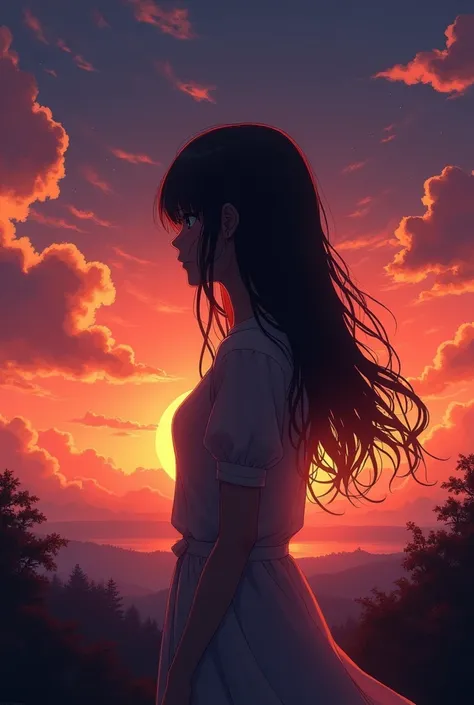 Create a cover with the sunrise, with a female character and long hair appearing only in shadow, with title "FALLING"
(anime styling)