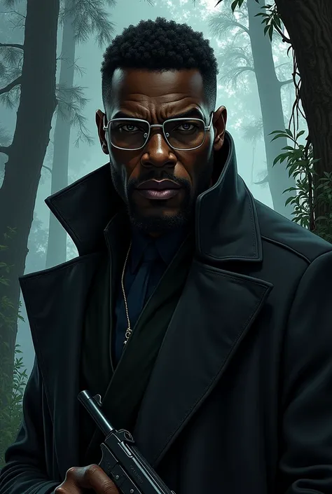 A dark skinned black man, similar to actor idris elba, with gray eyes.
wearing a black coat, a rectangular pair of glasses with clear lenses.
He has a .38 revolver in his holster. The image must have the art style of cartoonist Alan Moore., in a gloomy for...