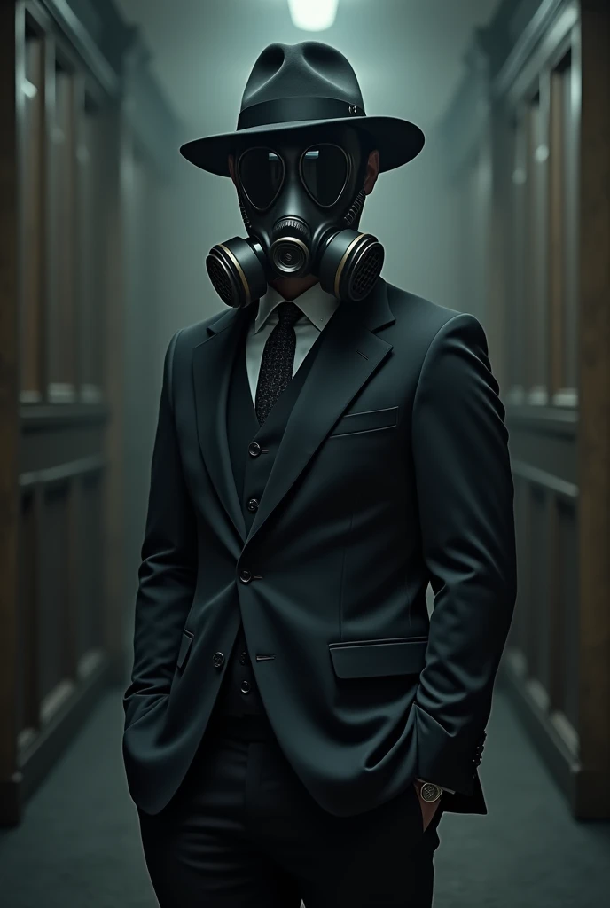 Formal man with gas mask and hat 