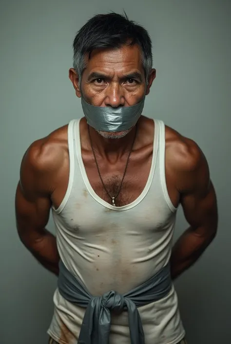 Old malay men, short dark hair,white singlet, white tank top, (body wrapped by tape), (hands tied behind the back), (mouth tape gagged), looking straight, super realistic, struggling, high definition, 4k, mouth gag, tape gag, solo, single, hands tied behin...