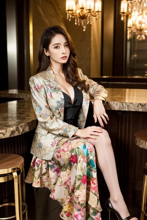 (Full Body Portrait)、Floral print blazer jacket、Vertical ruffle silk blouse、(Floral print midi skirt:1.2)、(silk pantyhose、High heels)、1 girl、Super delicate face、Super detailed eyes and face、Perfect hands、Slim and long legs、Large Breasts、Ultra-detailed face...