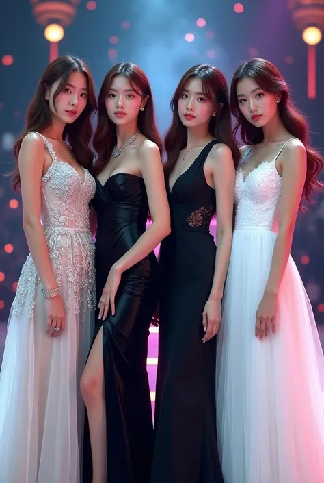 I want a female kpop group, all are Korean, there will be 4 members, the first one will be wearing a white and black dress the second one will be wearing a black dress, the third will be wearing a white dress the fourth will also be wearing a white and bla...