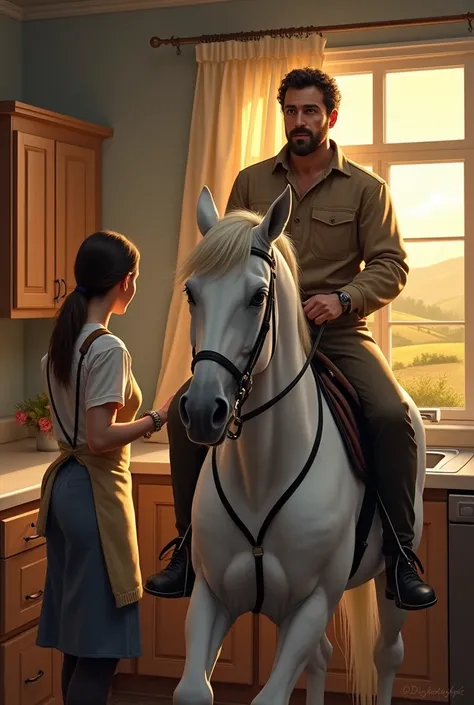 Man on a white horse coming to his wife to clean dishes