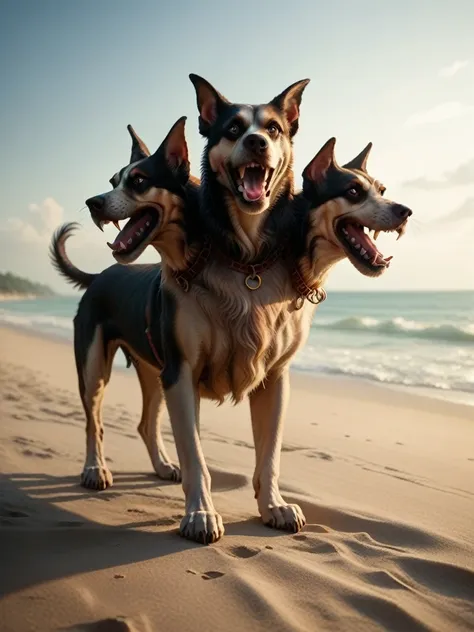 (cerberus, 3-headed, dog) on a deserted beach