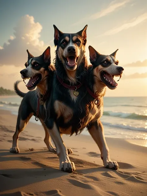 (cerberus, 3-headed, dog) on a deserted beach