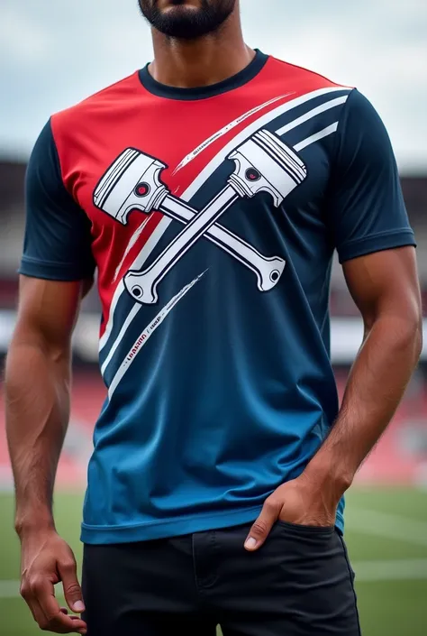 Red blue white gradient sports t-shirts with a crossed piston on the chest