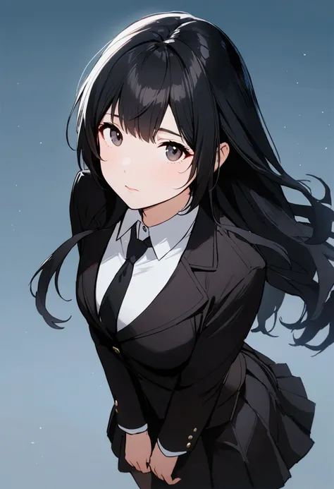 1girl, solo, black hair, shirt, looking at viewer, collared shirt, full body, long hair, black jacket, white shirt, black eyes, jacket, necktie, skirt, amazing quality, very aesthetic, masterpiece