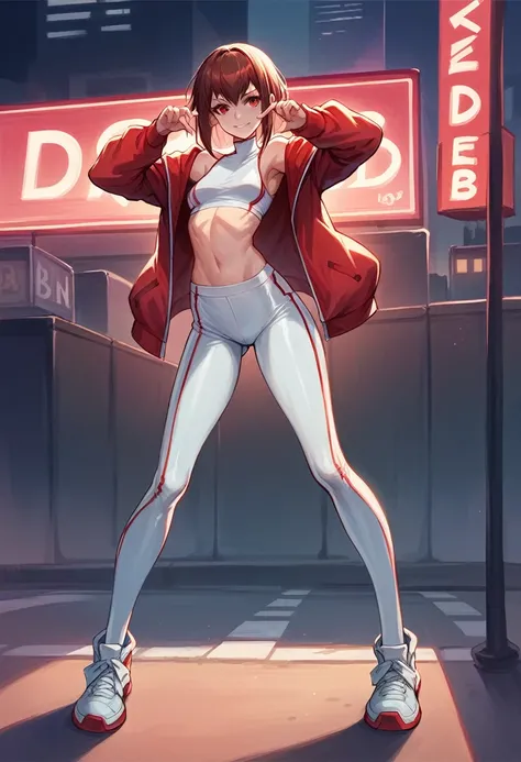 makise kurisu from steins gate anime, skinny body ,wearing white latex with red flashing lines on it , full body, red neon city in background, cyber saber lights, modeling pose