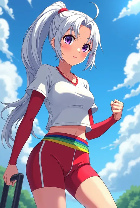 HD、Animation style、white hair 、Purple Eyes、girl、plump breasts 、High school student 、single ponytail、Baseball player、Light color short sleeve top、Long sleeve red underwear、Good shape、Thin、sash、Sky、cloud、sunny、Cycling