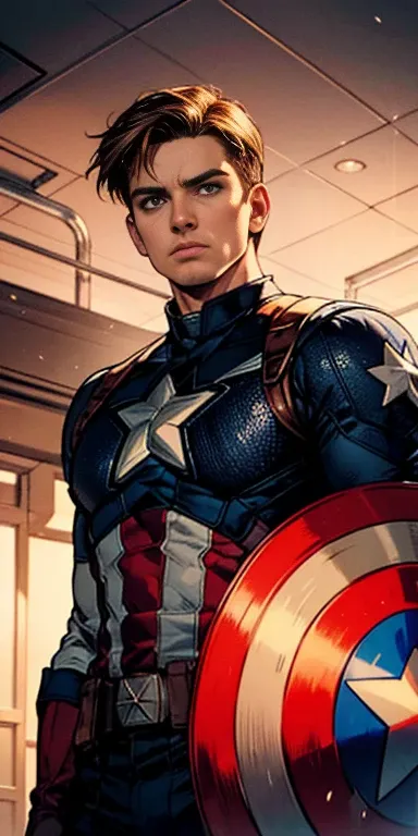 a man in a suit, resembling steve rogers, standing confidently as captain america. wearing his helmet, revealing his face with a...