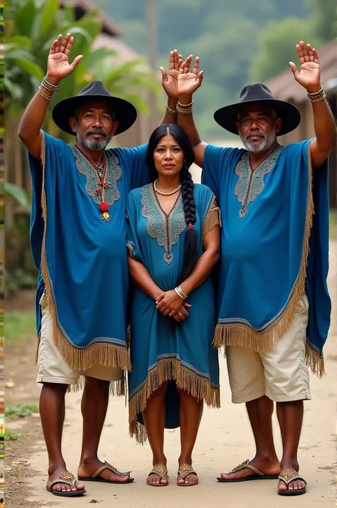 2 men dressed in blue ponchos , white calf-length panties, rope sandals, dark felt hats and the shimba, a long braid that almost reaches her waist raising a white sign with her hands 