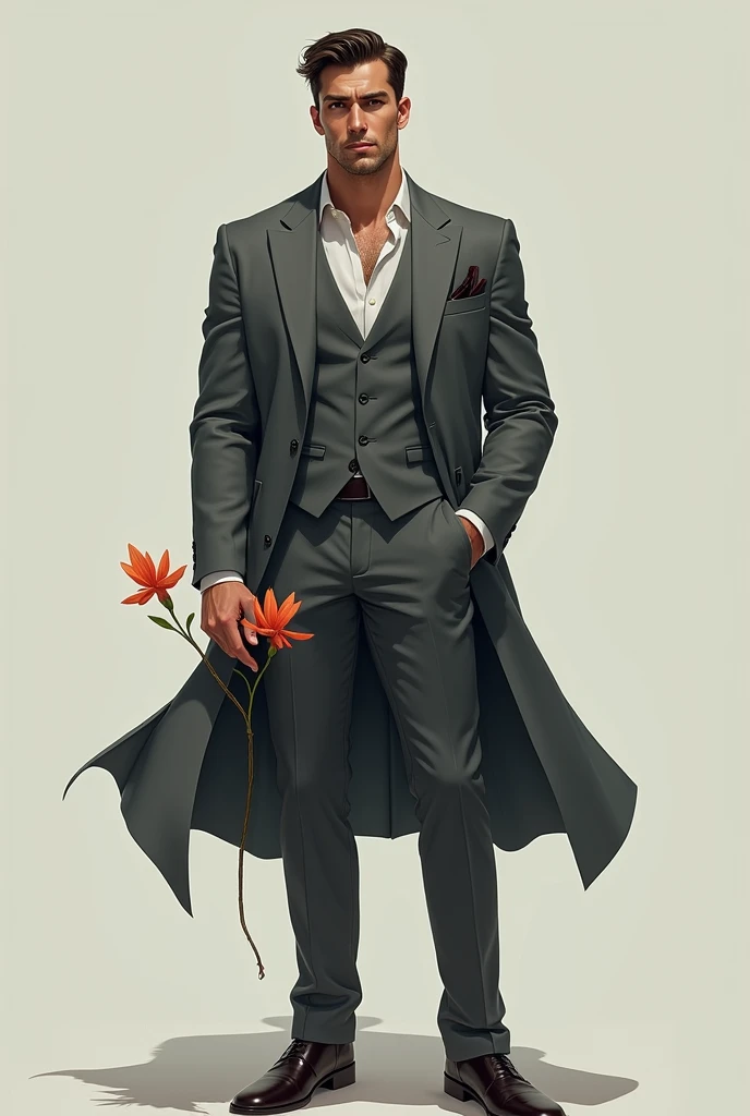 A strong, muscular and elegant man wears an elegant gray suit with a litmus flower in his hand.