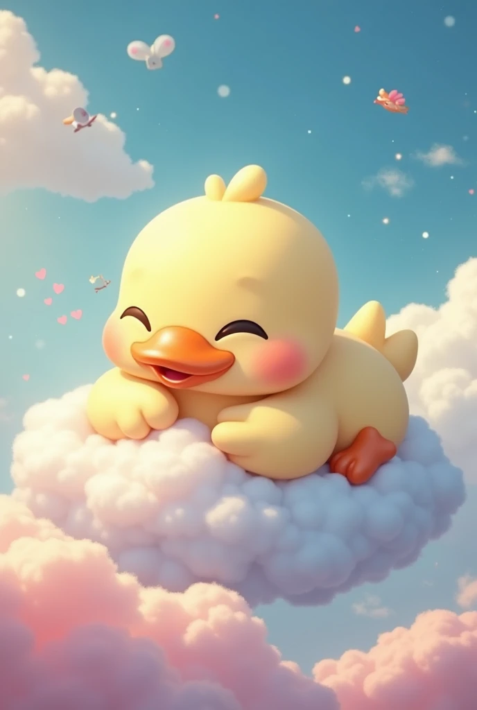 create the image of the movie characters fun cute duck sleeping on top of a cloud with colorful