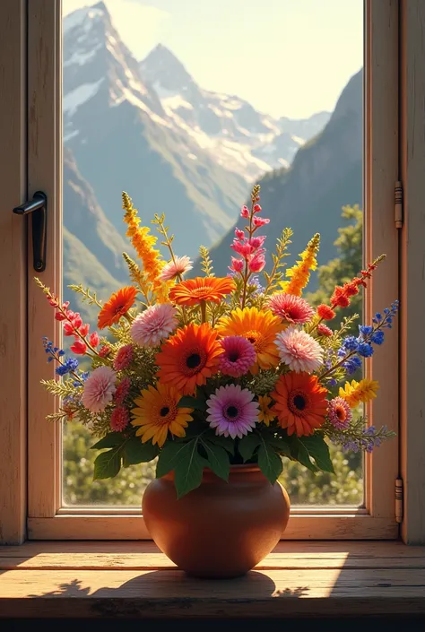 bouquet of flowers, Different, a lot, field, in a clay vase, On the windowsill, the sun is blazing, there are mountains outside the window.