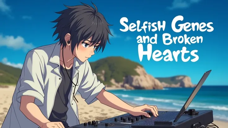 Professional realistic photography of a characteristic emocore boy remixing on a beautiful beach, cover of a music album written "Selfish Genes and Broken Hearts"