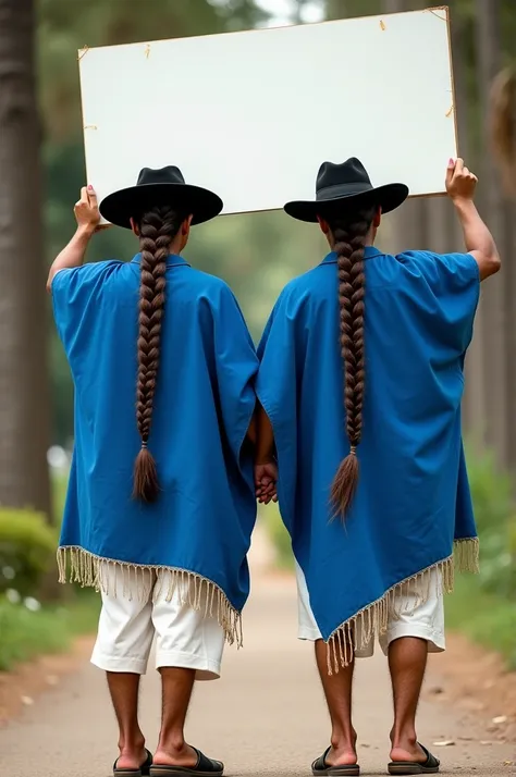 Two men dressed in blue ponchos, white calf-length panties, rope sandals, dark felt hats and the shimba, a long braid that almost reaches her waist raising a white sign with her hands 