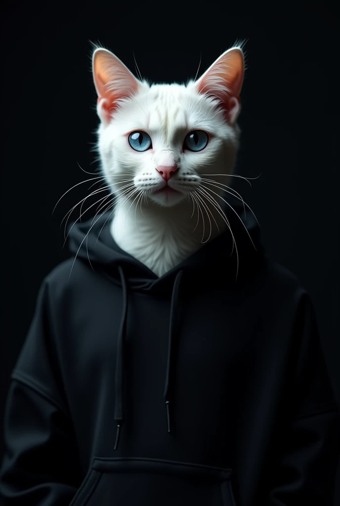 white cat with black sweatshirt, blue eyes, black background