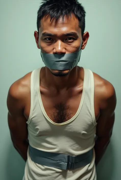 Indonesian men, short dark hair,white singlet, white tank top, (body wrapped by tape), (hands tied behind the back), (mouth tape gagged), looking straight, super realistic, struggling, high definition, 4k, mouth gag, tape gag, solo, single, hands tied behi...