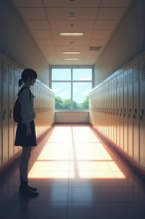 Centerfocused anime empty school hallway