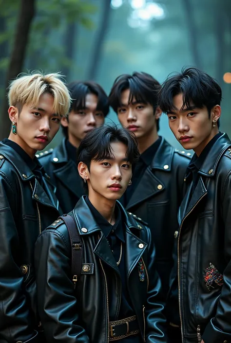 five guys, kpop, korean idols, kpop idols, cute guys, different faces, unique faces, different outfits, photoshopped image, dark, mystical forest, posing together, album art, HD, album cover, detailed outfits, professional photography, group pose, differen...