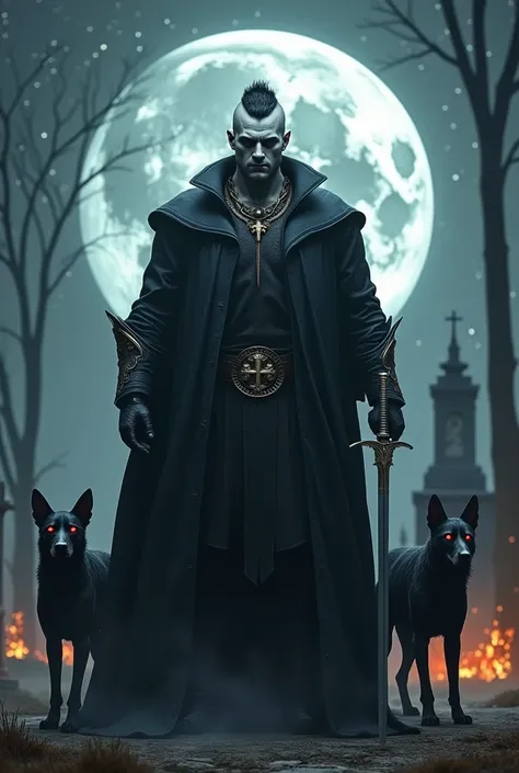 masterpiece de corpo inteiro,  one huge sexy men,Grey white skin,dresser one Black cloak, extrmely muscular, undercut black hair, in your hand, Black huge dogs with 3 heads , ( Cerberus )red flames eyes, in cemitério merged in the cemetery behind a starry ...