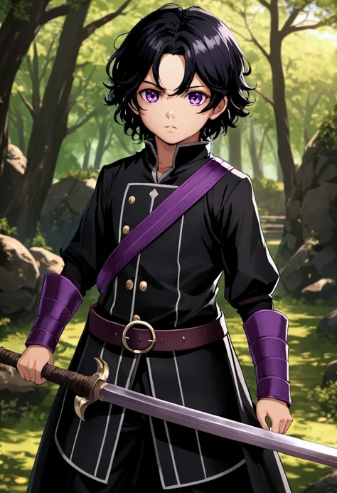 Oc demon slayer child, , Bblack hair, purple eyes and hunter uniform.