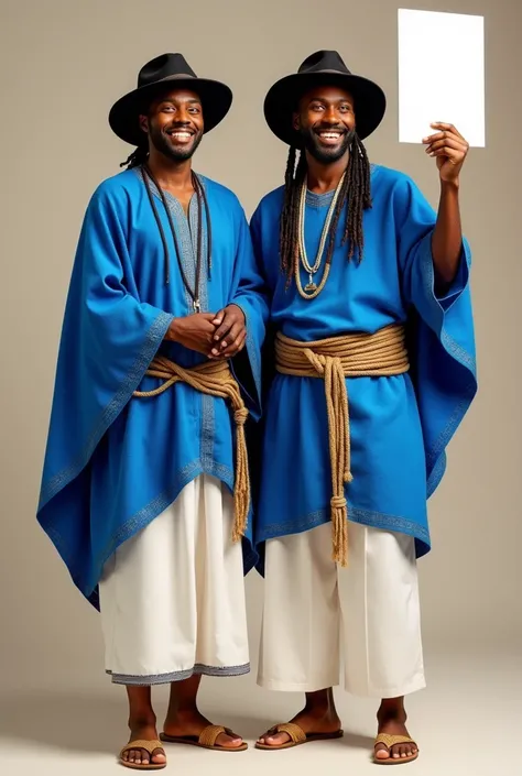 Two men looking ahead smiling and happy dressed in blue ponchos, white calf-length panties, rope sandals, dark felt hats and the shimba, a long braid that almost reaches her waist raising a white sign with her hands 