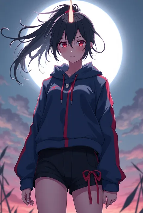 Adult female with a firm look on her face having on her head 1 single white horn protruding from her forehead and a halo floating around her head glowing white, having messy dark hair in a ponytail and crimson eyes. Having a dark blue jacket with red lines...