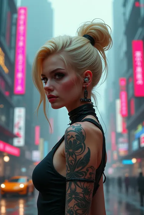 Cyberpunk city with tatooed pretty blonde girl with cyberimplants