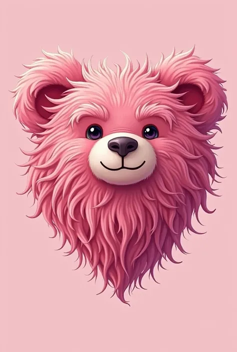 Flat drawing of a very hairy pink teddy bear in the shape of a symmetrical heart with longer locks, Thick, uneven, disheveled hair in different directions that looks curly with fine tips and a pink background 