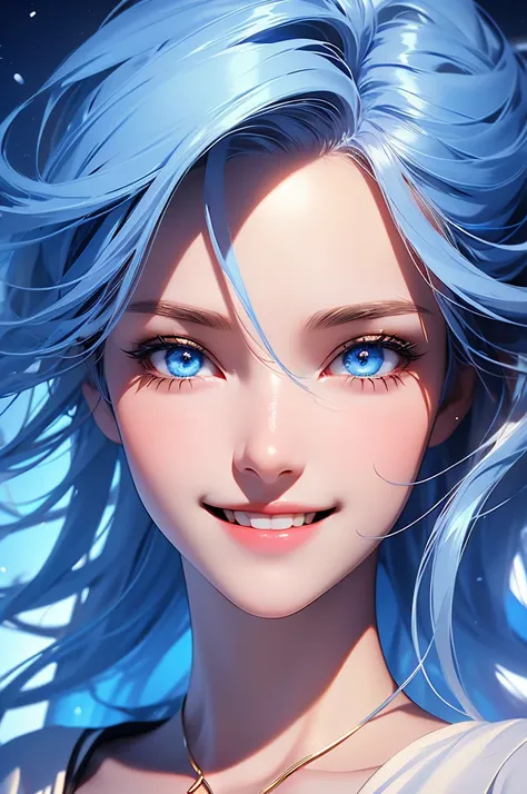 (art, very high quality photo, CGI effect, lighting effect, shading effect), a beautiful mature woman, 5, long sky blue hair, white dress (exclusive image of the characters face only, 1.2 smile, eyes sky blue)