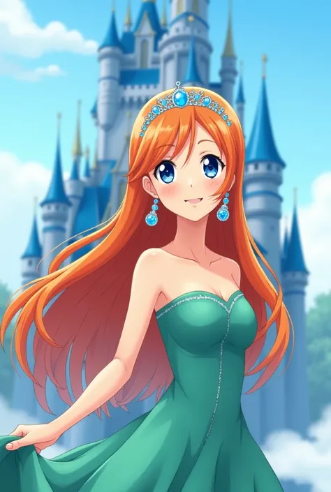 Make nami from one piece, with long hair and ball earrings, a blue tiara and the outfit is a strapless, aqua green long dress, She is happy and the background has a blue castle, It seems like a fairy tale