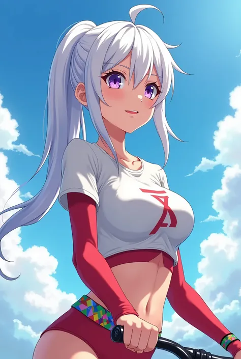 HD、Animation style、white hair 、Purple Eyes、girl、plump breasts 、High school student 、single ponytail、Baseball player、Light color short sleeve top、Long sleeve red underwear、Good shape、Thin、sash、Sky、cloud、sunny、Cycling