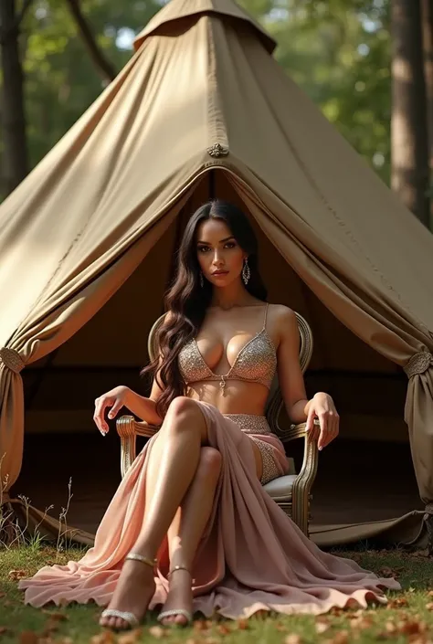 Sexy millionaire woman forces her butlers to set up her tent while she sits on a chair 