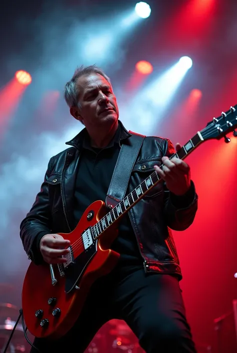 A guitarist playing on stage, lembrando Tony Iommi do Black Sabbath. fund: Dramatic lighting with red and blue lights. guitarist: Appearance: short gray hair, little fat. badass clothing: wearing a black leather jacket, concentrated while playing his red G...