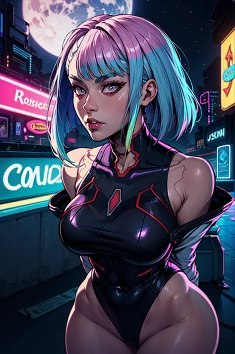 a woman with blue hair and a black shirt is standing in front of a neon city background, lois van baarle and rossdraws, portrait of lucy from Cyberpunk Edgerunners, artgerm and lois van baarle, rossdraws 2. 0, rossdraws 1. 0, rossdraws 2. 5, artgerm and ro...