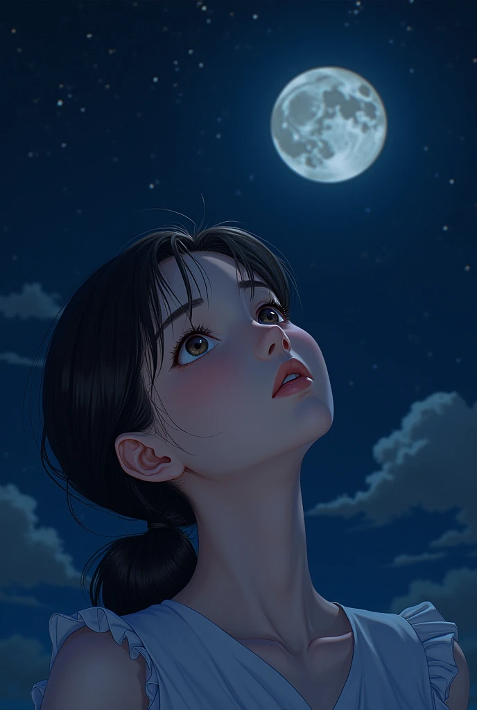 anime girl looking up at the night sky. shadows. anime girl looking up.