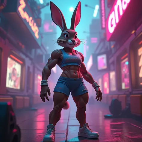 Rocky Rabbit female gender perfect appearance Rocky Rabbit with six pack body and tall in sportswear standing on platform inside disco